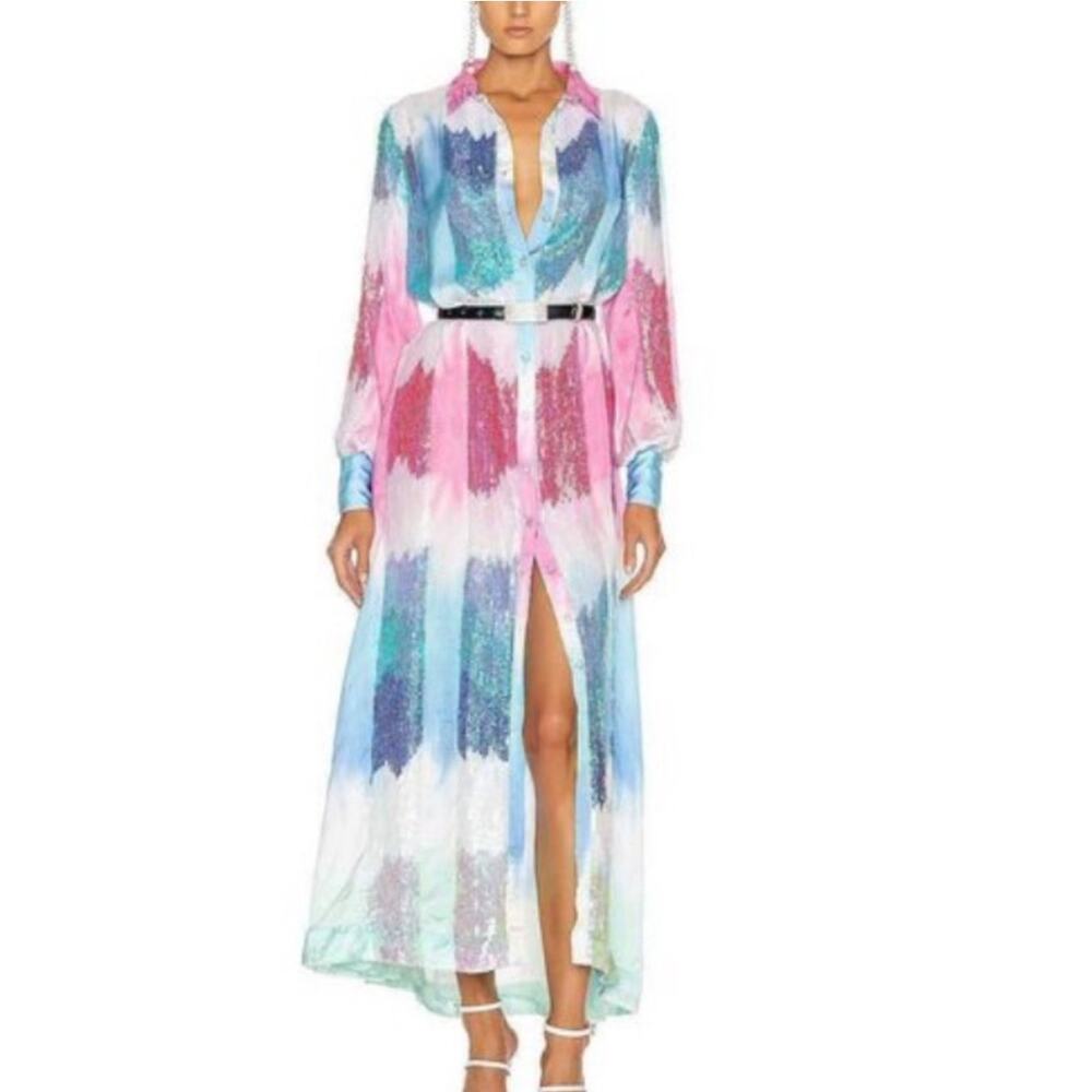 Retrofête Pastel Rainbow Sequin Dessa Maxi Dress XS Long Sleeve Button Front